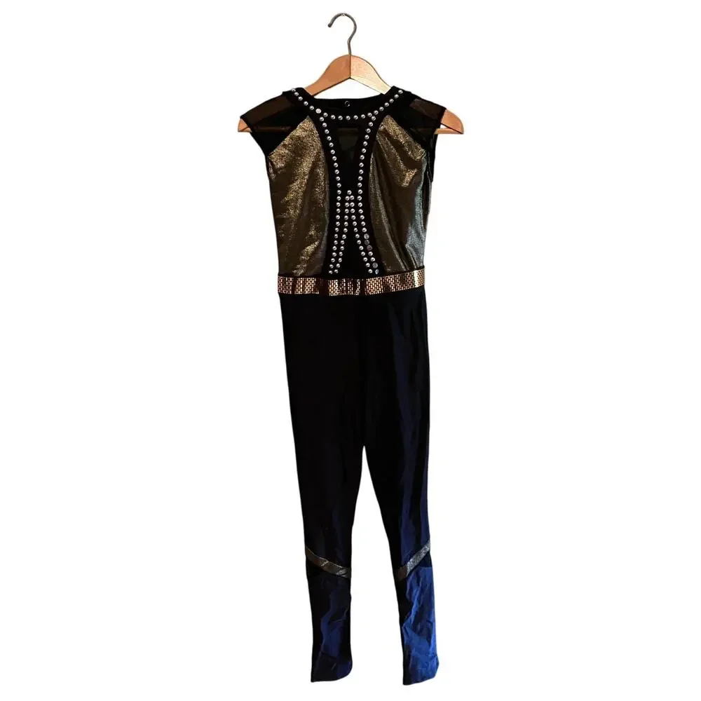 Revolution Dance Costume XLC Gold Black Level Up RC20969 Jazz Unitard Studded‎